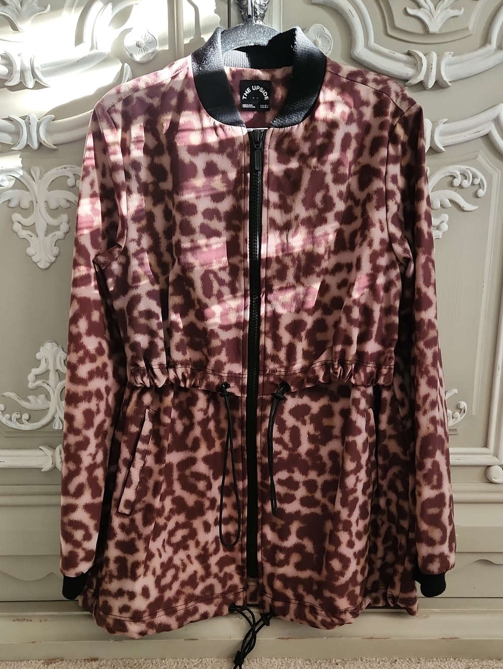 The Upside Pink and Brown Leopard-Print Drawstring Bomber Jacket Sz XS LIKE NEW